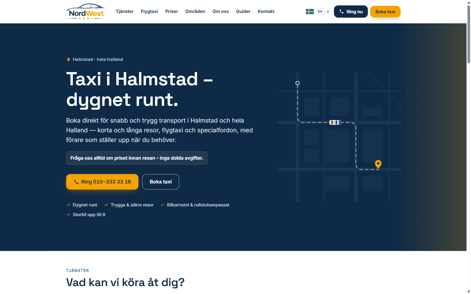 The NordWest Taxi home page, showing the booking and call actions side by side above a list of services